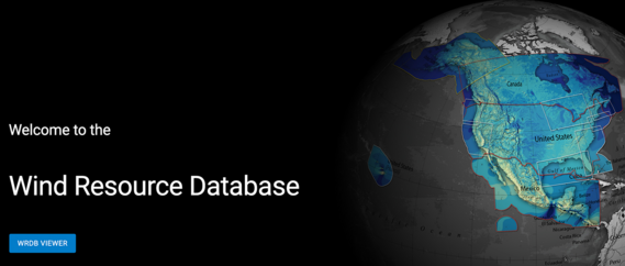 Screencaption that says "Welcome to the Wind Resource Database" with NREL log and an image of U.S. section of globe. 