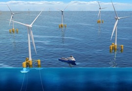 floating wind turbines and a boat in a body of water