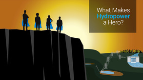 Illustration of four people wearing capes standing on top of a cliff, with the sun behind them and hydropower projects below them in the distance.