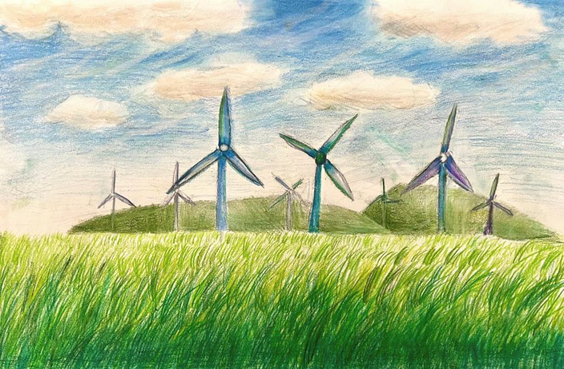 Wind turbine blade powered grass in the field by third-grader Emma Y.O. from Arizona