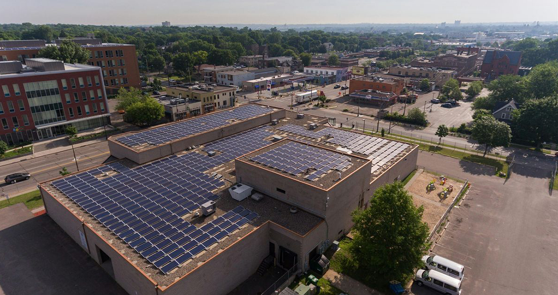 Aerial view of solar panels on building