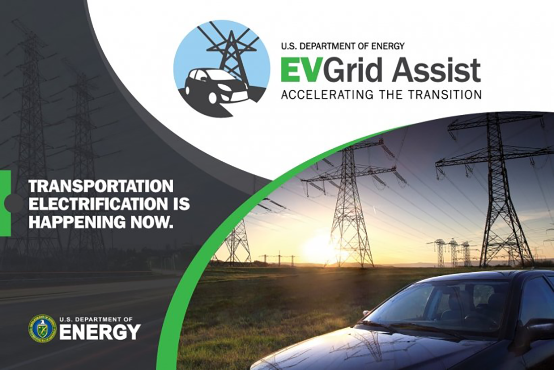 EVGrid Assist graphic with image of electric vehicle and text "Transportation Electrification is Happening Now" overlaid