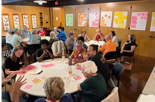 Groups of people sitting at round tables