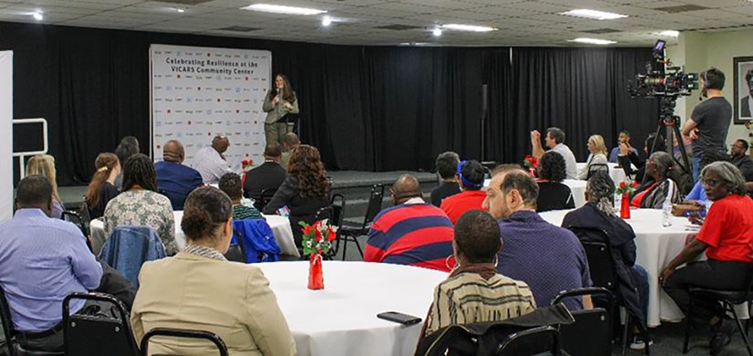 Supporters celebrate the start of the solar and battery storage installation at the Vicars Community Center resilience hub.
