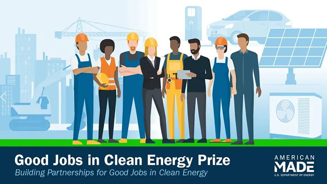 Illustration of clean energy workers with Good Jobs in Clean Energy Prize text overlay