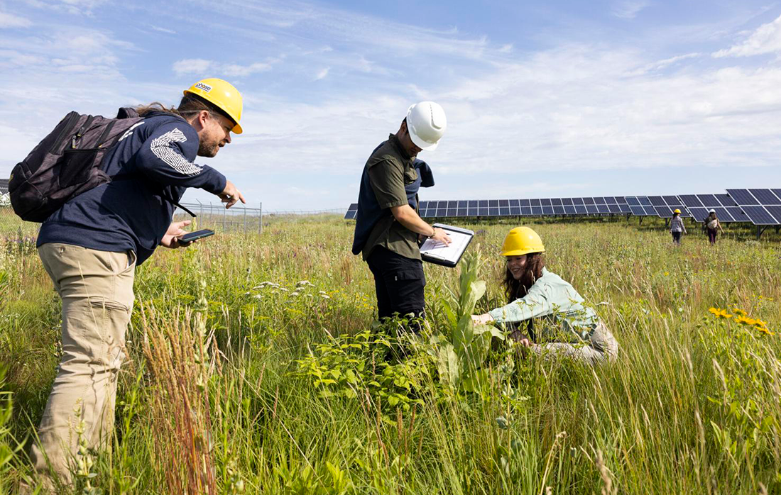 Lee Walston, a landscape ecologist, left, works with students during a plant survey at the Ramsey site.