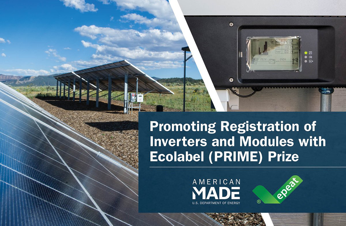 Promoting Registration of Inverters and Modules with Ecolabel (PRIME) Prize text over image of solar panels