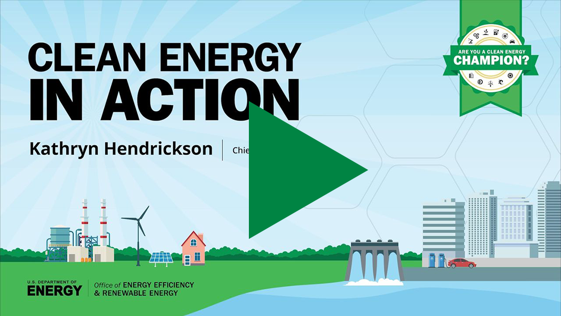Video Thumbnail: Clean Energy in Action text over cityscape graphic 