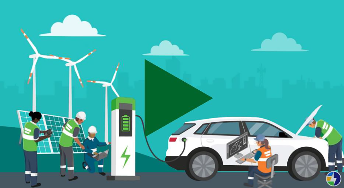 Video Thumbnail: Illustration of workers and EV charging station