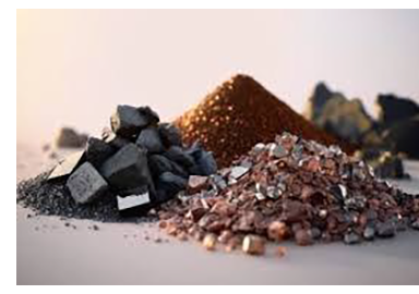 Rare earth elements, gallium, and copper lay in crumbling piles on a flat surface.