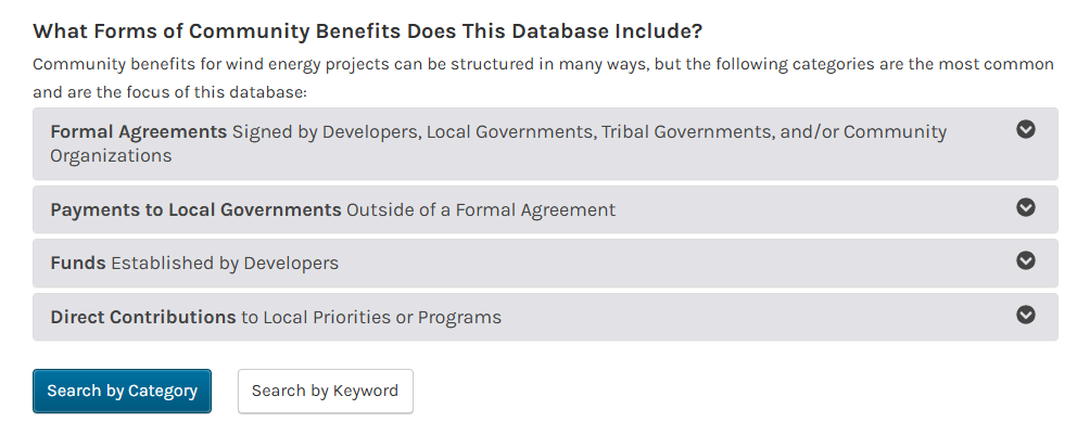 A screenshot of four types of community benefits included in the database.