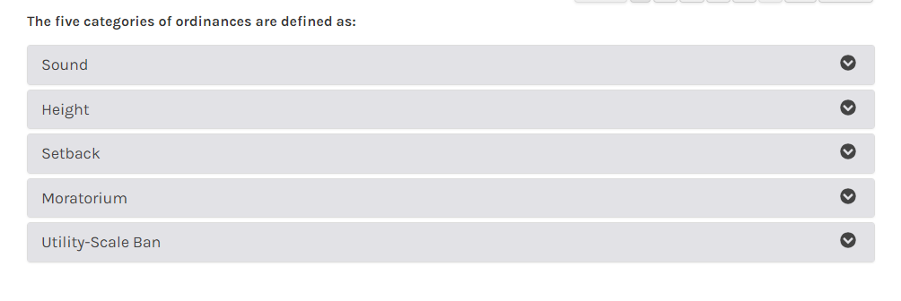 A list of ordinance types: sound, height, setback, moratorium, and utility-scale ban