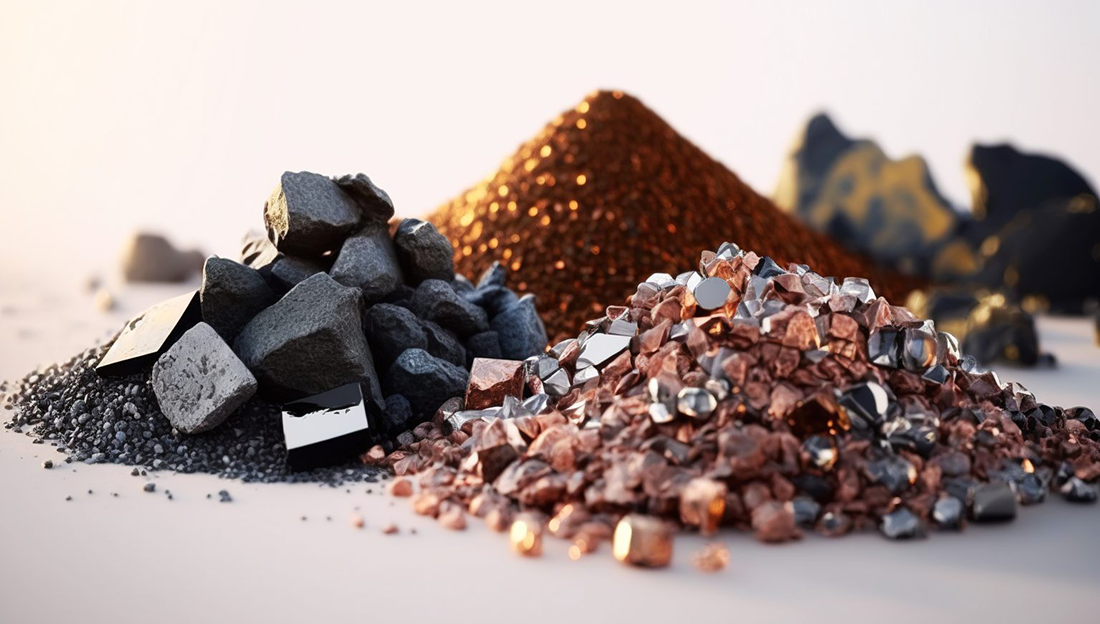 Rare earth elements, gallium, and copper lay in crumbling piles on a flat surface.