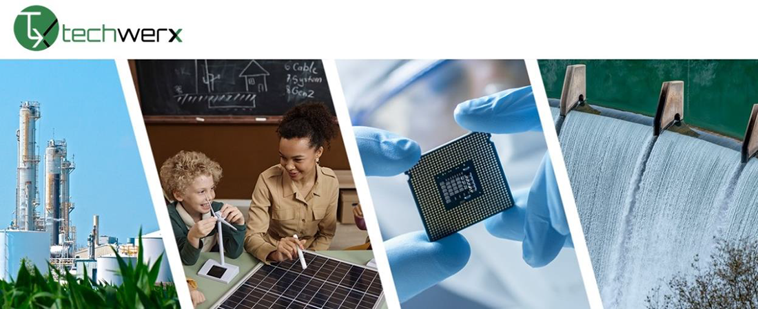 Techwerx collage featuring various innovative energy technologies and a student and teacher in a classroom.