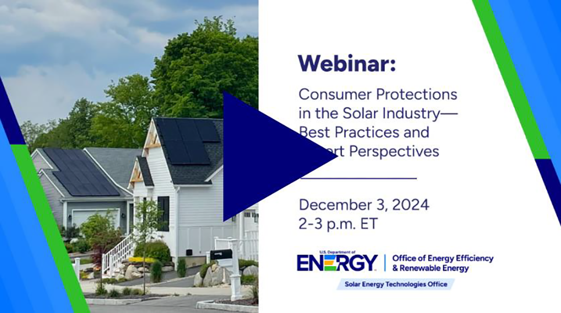 SETO's webinar information and a row of houses outfitted with solar panels lay beneath a blue play button.