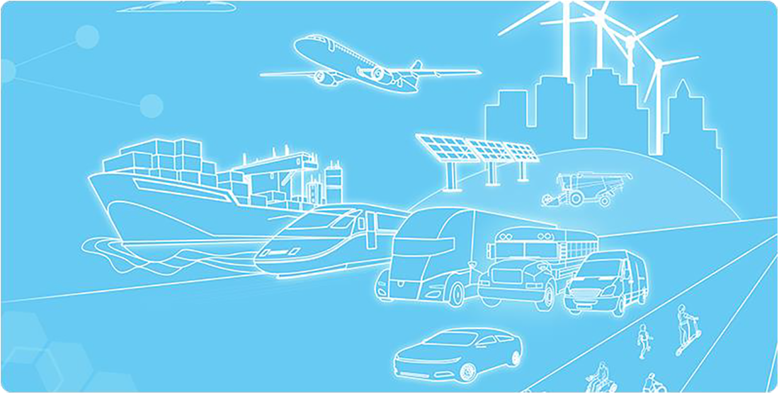 An assortment of vehicles are drawn in white onto a blue background.