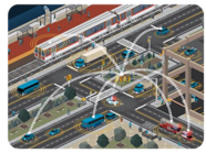 Vehicles on the road are shown to be connected with white lines, depicting V2X connectivity.