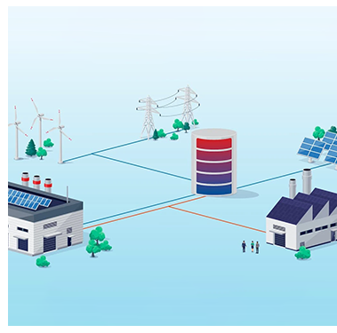 Illustration of energy storage hub, solar panels, wind turbines and buildings