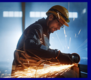 Steel worker wearing hard hat and goggles