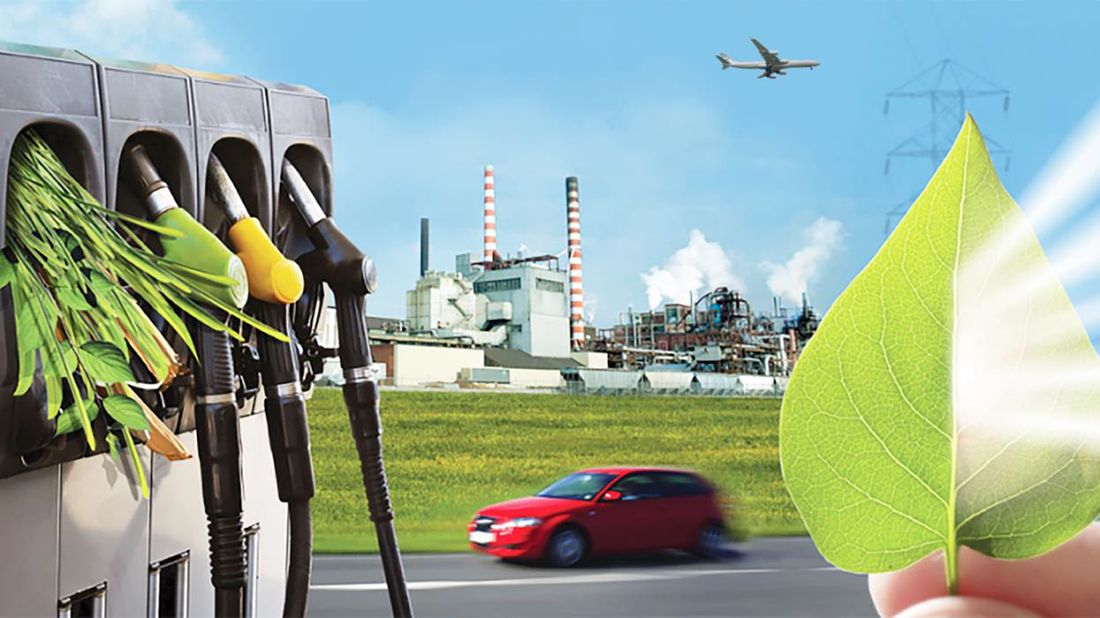 A collage of gas pumps, planes, factories, cars, and greenery all blend together.