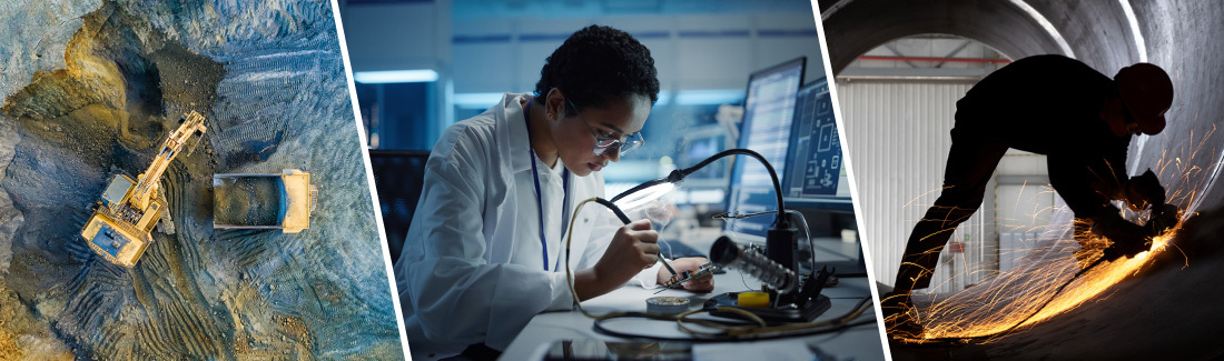 Collage of critical mineral supply chain technologies including mining production