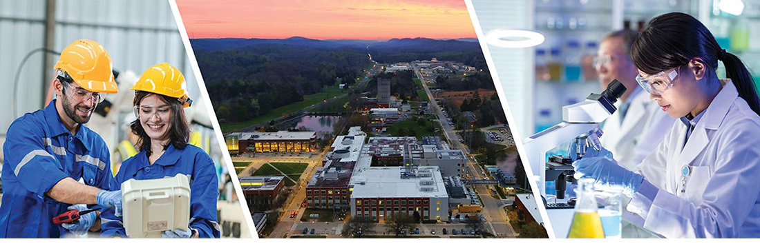 Collage featuring technicians, buildings, and scientists in lab