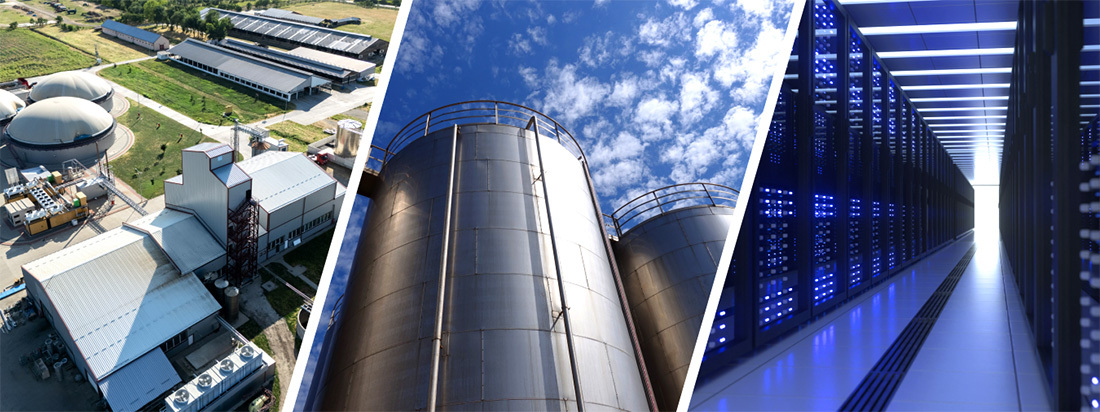 Manufacturing plant, biofuel storage tanks, and data center