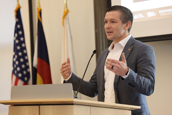 DOE Undersecretary of Energy Kyle Haustveit gives opening remarks at the Geothermal Center of Excellence launch in Golden, CO.