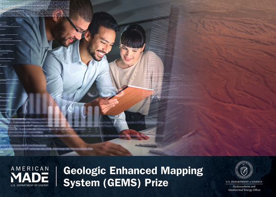 U.S. Department of Energy | Geologic Enhanced Mapping System (GEMS) Prize | Photo of 3 people smiling, looking at a notebook and computer.