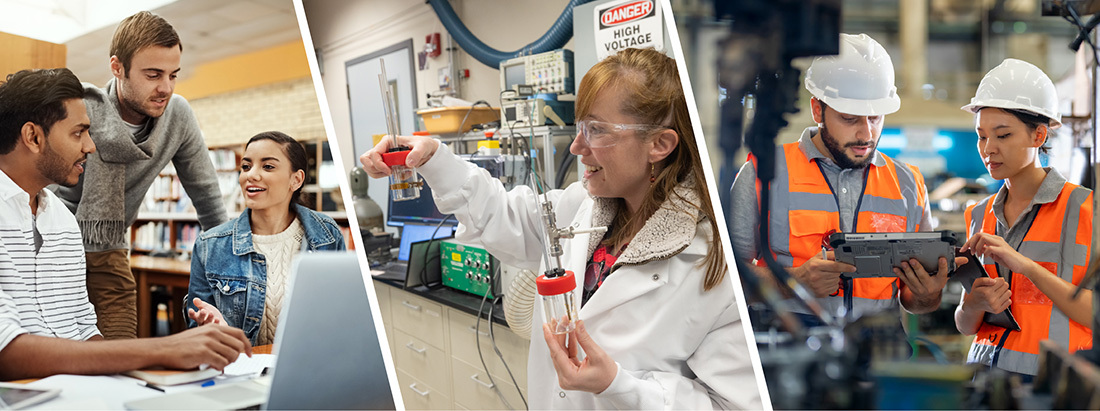Banner featuring students collaborating, researcher in lab, technicians in industrial facility