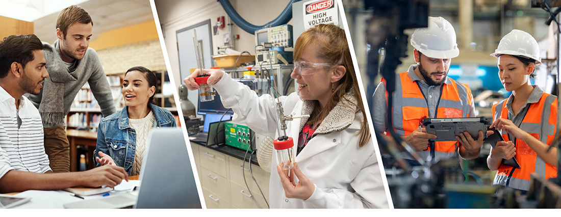 Banner image highlighting student collaboration, lab research, and technicians in industrial facility
