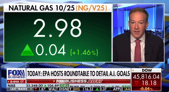 Administrator Zeldin on Fox Business with stock information on screen.