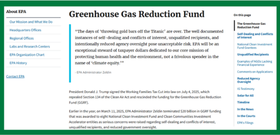 Screenshot of EPA's Greenhouse Gas Reduction Fund webpage.