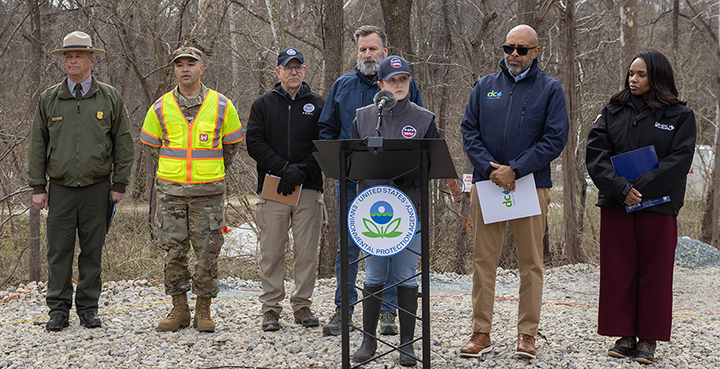 Senior Response Officer and Assistant Administrator for Water Jess Kramer leads press conference at Potomac Interceptor site.
