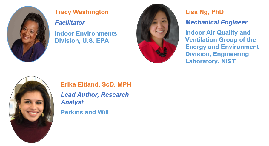 Featured expert speakers include Tracy Washington from EPA, Lisa Ng from NIST and Erika Eitland from Perkins and Will