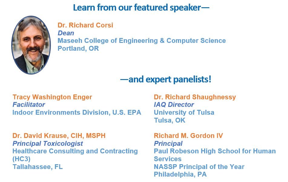 Featured speakers include Dr. Richard Corsi, Tracy Washington Enger, Dr. Richard Shaughnessy, Dr. David Krause and Richard M. Gordon IV