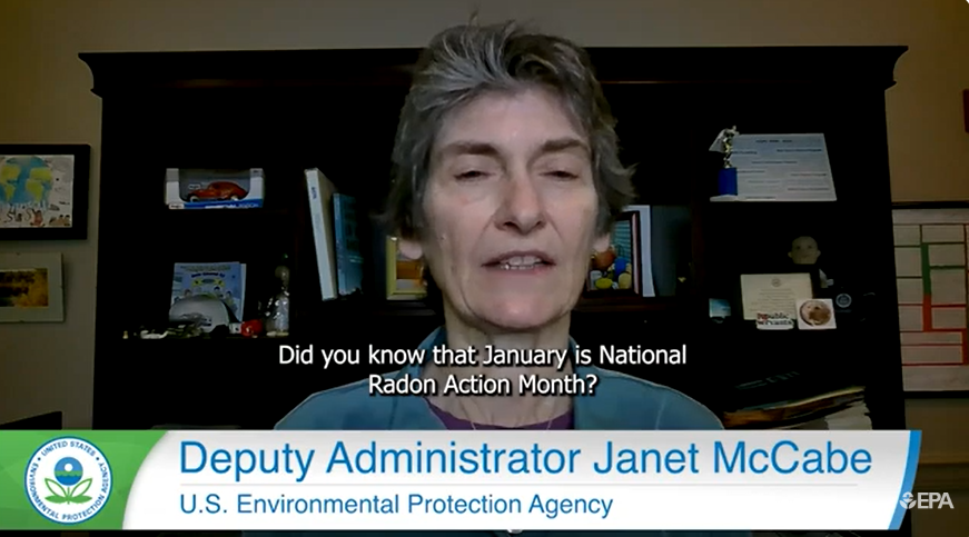 Screenshot of EPA Deputy Administrator Janet McCabe speaking about radon testing in a short video.