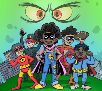 Kids dressed as superheroes with green eyes at the top representing radon gas. 