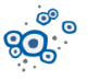Abstract icon of blue and white cell-like shapes with scattered grey dots
