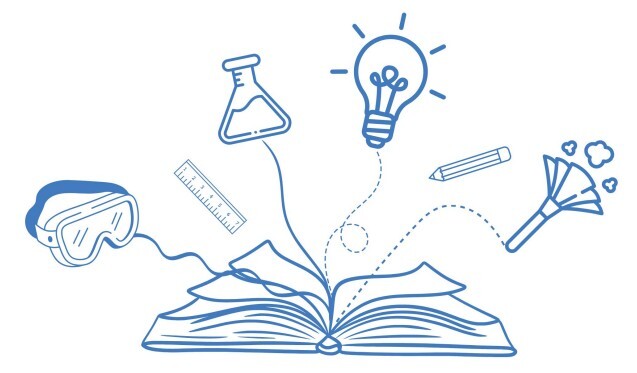 A blue textbook with various school supplies emerging from it. 