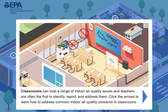 Overhead view of a school classroom with the text, "Classrooms can host a range of indoor air quality issues..."