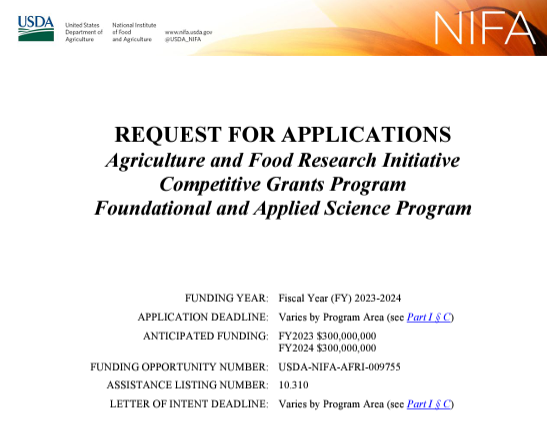 NIFA funding document cover page