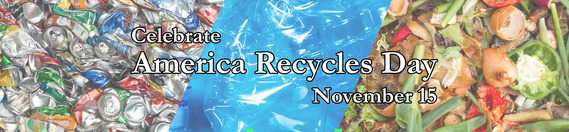 Three image banner depicting a photo of crushed aluminum cans, a photo of empty plastic bottles, and a photo of decaying vegetables on a compost pile