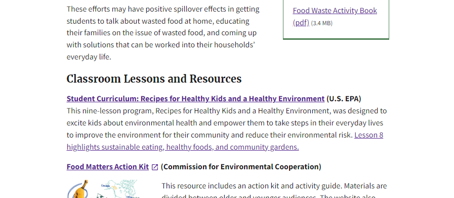 Screenshot of the Educating Youth about Food Waste from epa.gov
