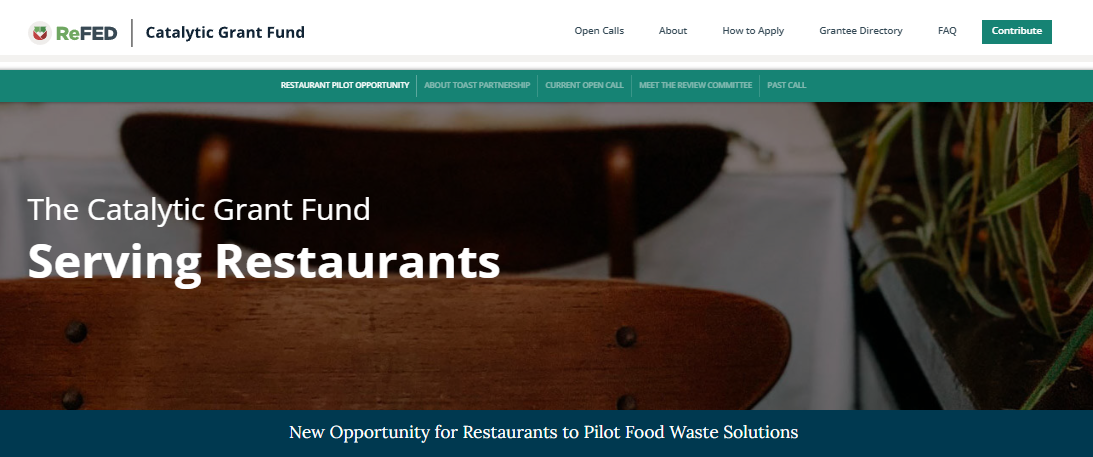 Screenshot from ReFED website showing funding opportunity for restaurants re food waste