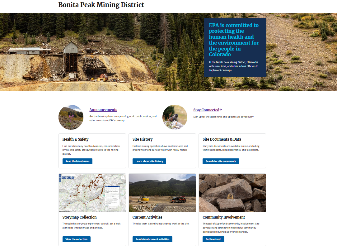 New Bonita Peak Mining District Superfund Site website homepage