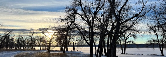 Ice-covered Cherry Creek State Park at Sunset