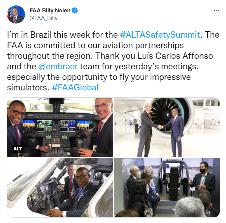 I’m in "Brazil this week for the #ALTASafetySummit. The FAA is committed to our aviation partnerships throughout the region." - Billy Nolen