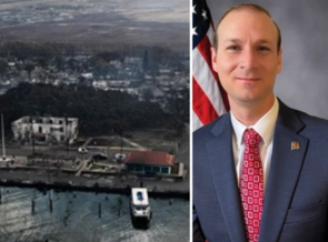 Parker Corts profile picture and an birds eye image of homes and other buildings destroyed after fires in Maui