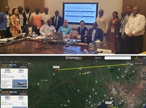 A map of the Inauguration-Africas-Trial-UPRs-in-Enroute and workshop participants celebrating the launch of the inaugural trial UPR flights